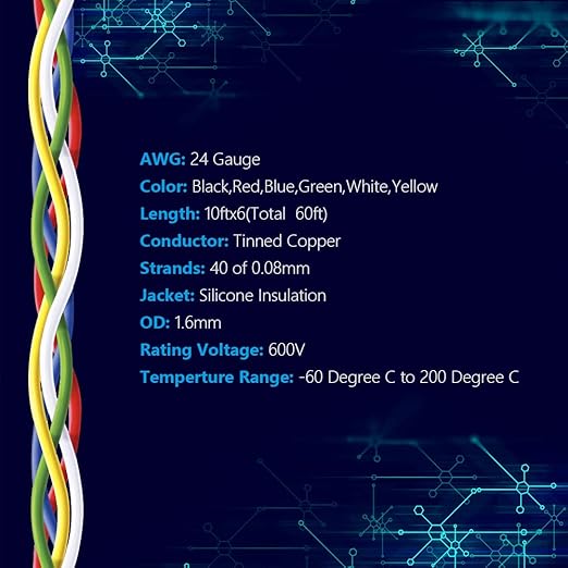 Fermerry 24 AWG Stranded Wire Spool 10ft Each 6 Colors Flexible 24 Gauge Silicone Hook up Wire Kit Electrical Tinned Copper Wire