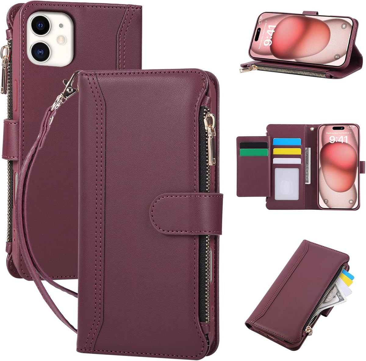 Compatible with iPhone 12/12 Pro Wallet Phone Case-PU Leather Magnetic Flip Cover with Credit Card Slots,Zipper Pocket & Detachable Wrist Strap,Shockproof Design,for Women and Men-Claret