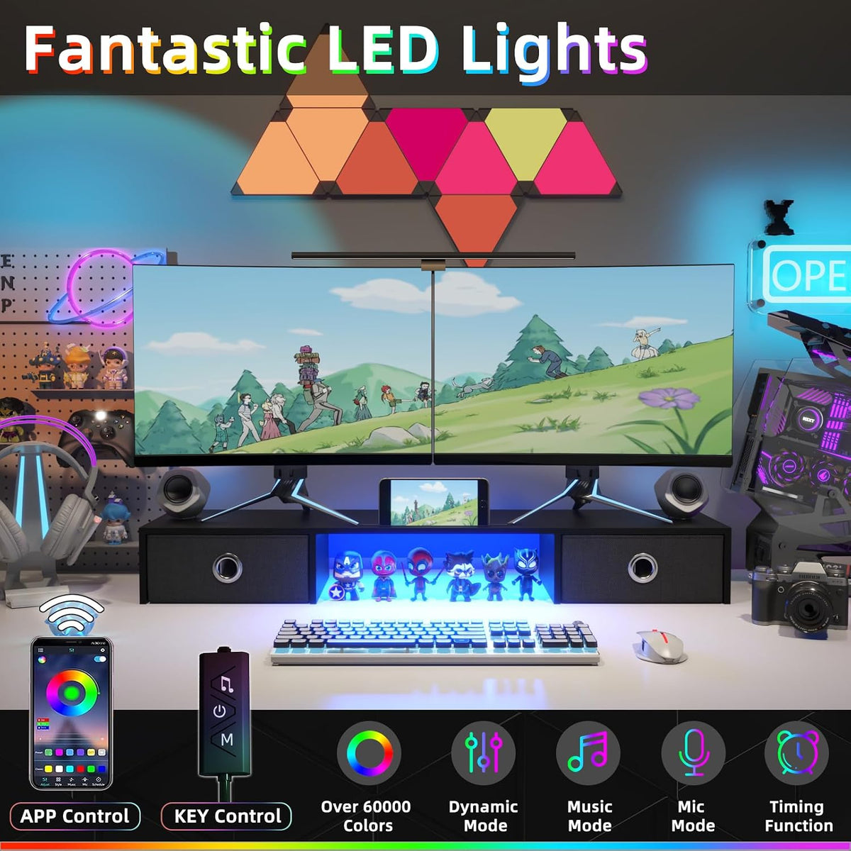 2 2 YAOHUOO Dual Monitor Stand with LED Light Drawers, Computer Monitor Riser for Monitors, Large Desktop Organzier