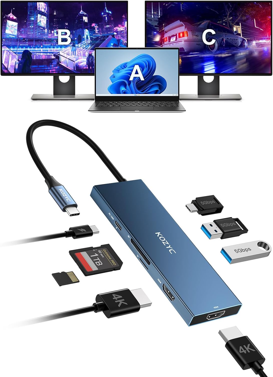 USB C Docking Station Dual HDMI 4K@60Hz, 8-in-1 USB C Hub 2 HDMI, USBC 3.0, 2xUSB-A 3.0, SD/TF, 100W PD, Laptop Docking Station Dual Monitor Compatible with HP, Dell