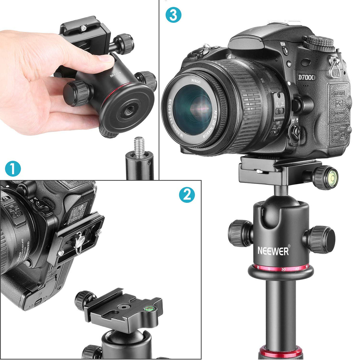 Neewer Professional Metal 360 Degree Rotating Panoramic Ball Head with 1/4 inch Quick Release Plate and Bubble Level,up to 17.6pounds/8kilograms,for
