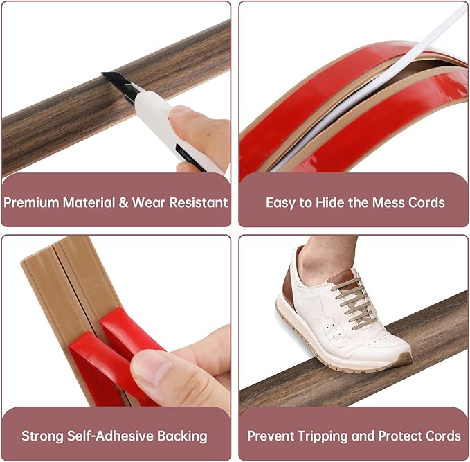 Floor Cord Cover Self Adhesive Cord Hider Floor Extension Cord Covers for Floor Power Cord Protector Cable Management Prevent Cable Trips Cable Cavity 0.47" W x 0.27" H (Smoked Brown Wood, 3.3Ft)