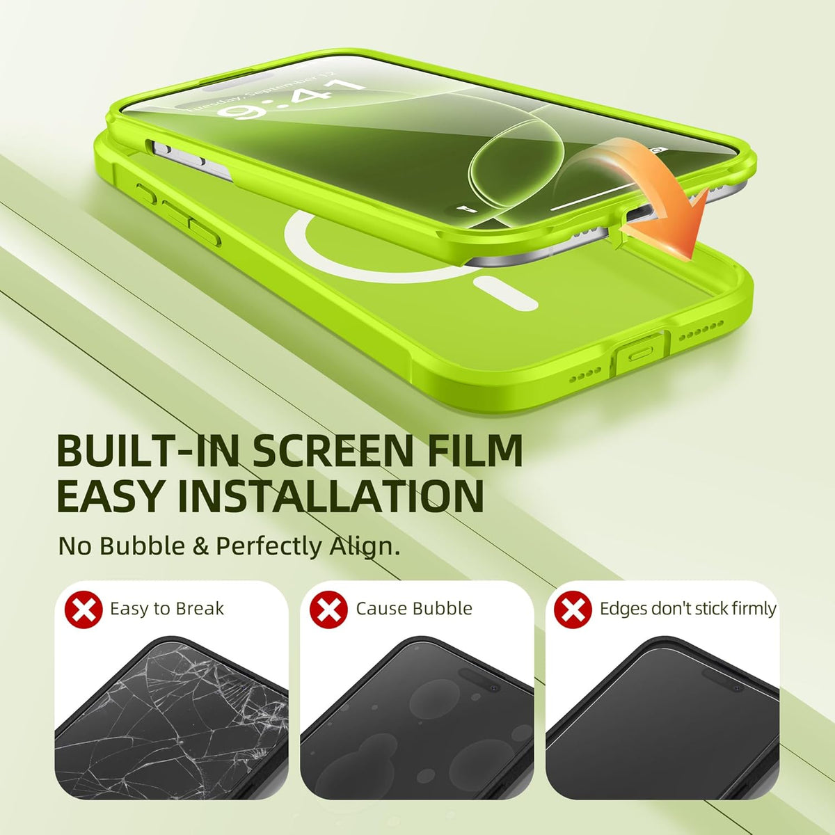 BERFY Magnetic for iPhone 16 Pro Case, Compatible with MagSafe, [Built-in 9H Tempered Glass Screen Protector & Upgraded Camera Protection] Full Body Shockproof Phone case for 16 Pro 6.3", Bright Green