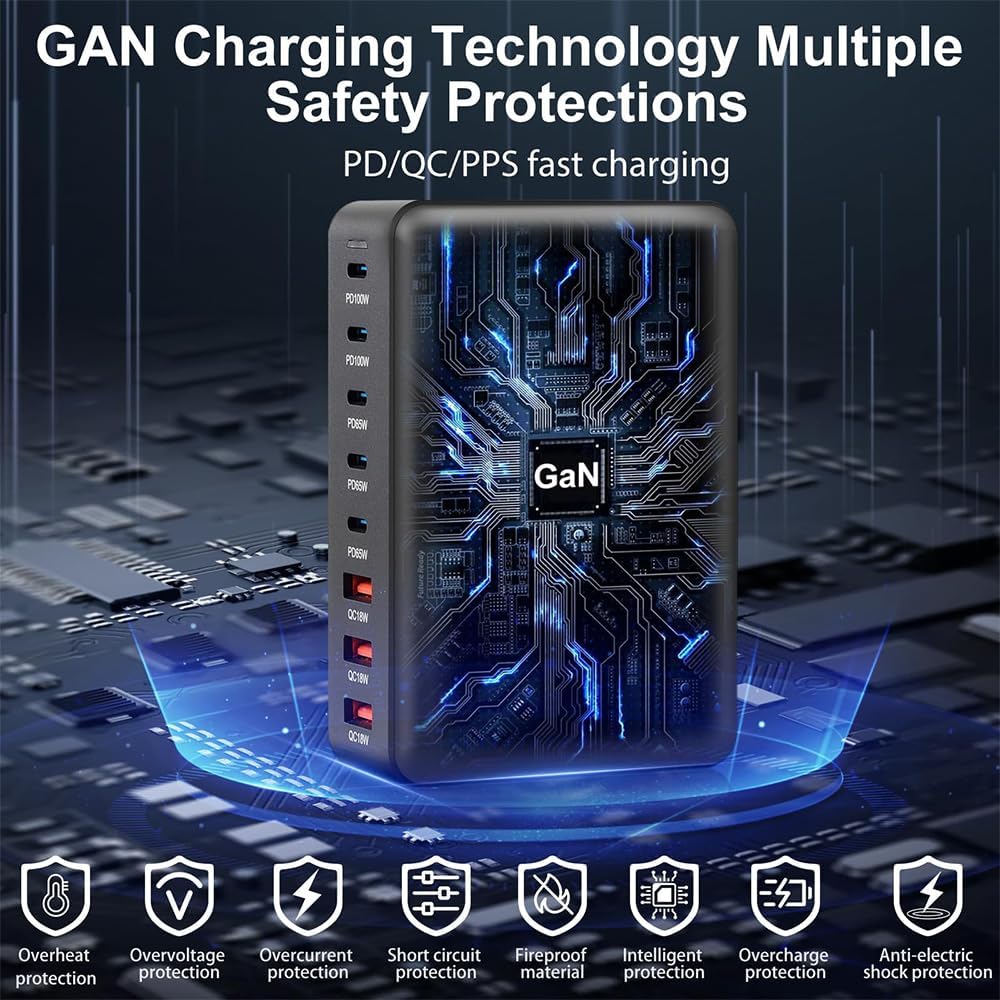 440W USB C Fast Charger Block, 8 Port Charging Station, GaN Ⅲ Multi Port Charging Station Hub for Multiple Devices, Multiport USB Charger Station Compatible with MacBook iPhone iPad Dell