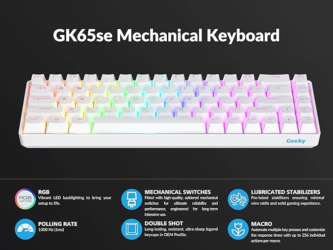 Geeky GK65 SE 65% | Mechanical Gaming Keyboard | 68 Keys Multi Color RGB LED Backlit for PC/Mac Gamer | ANSI US American Layout (White Mechanical Speed Silver)