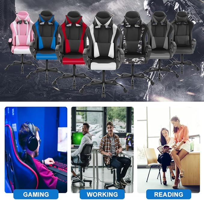 Ergonomic Gaming Chair High Back PU Leather Office Chair with Adjustable Lumbar Support &amp Headrest – Swivel Computer Desk Chair for Adults Teens Kids – Heavy Duty Executive Red Game Chair - Whi