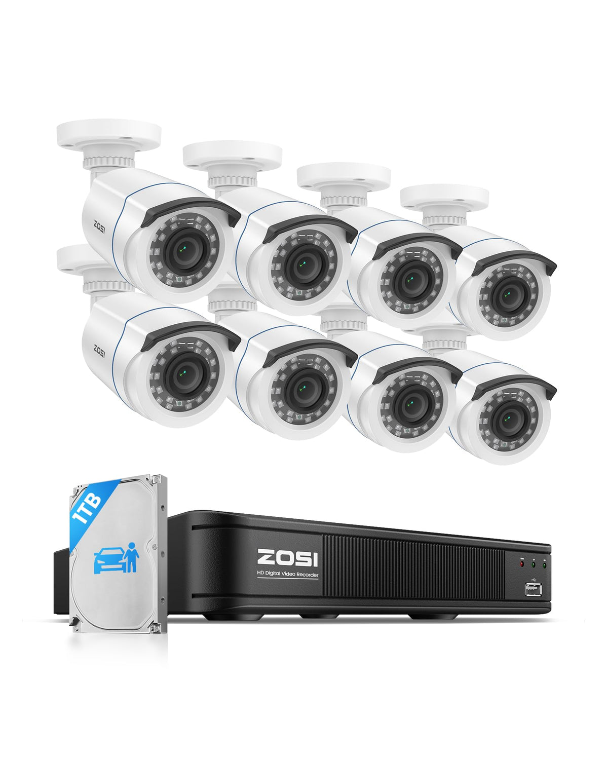 ZOSI H.265+ Home Security Camera System with AI Human Vehicle Detection, 5MP 3K Lite 8 Channel CCTV DVR Recorder and 8 x 1080p Weatherproof Bullet