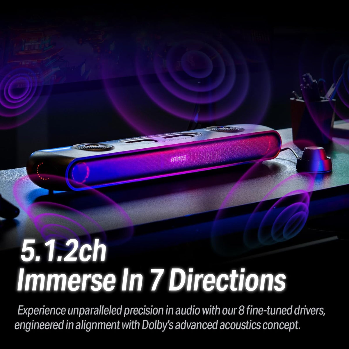 OXS Thunder Pro Gaming Soundbar with 5.1.2 Dolby Atmos Surround Sound System, Built-in Woofer, Bluetooth Multi-Connection, 3 Pro Gamer Modes, Sleek Toggle Design, for Pcs and Gaming Consoles
