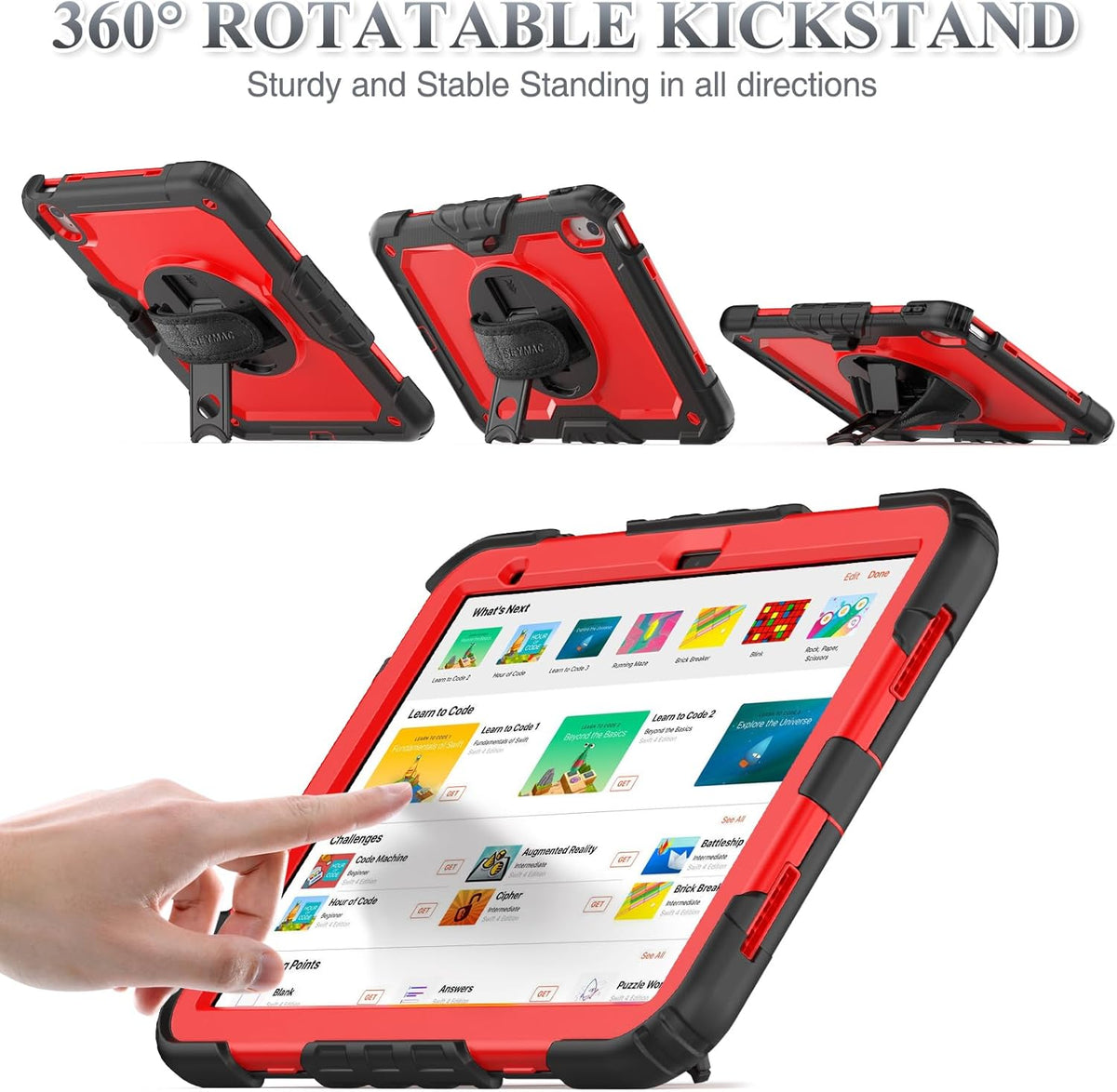 SEYMAC stock Case for iPad (A16) 11th/10th Generation 11''/10.9'' 2025/2022, Full-Body Drop Protection Case with Screen Protector &360° Rotate Hand Strap/Stand, Red+SiliconeBlack