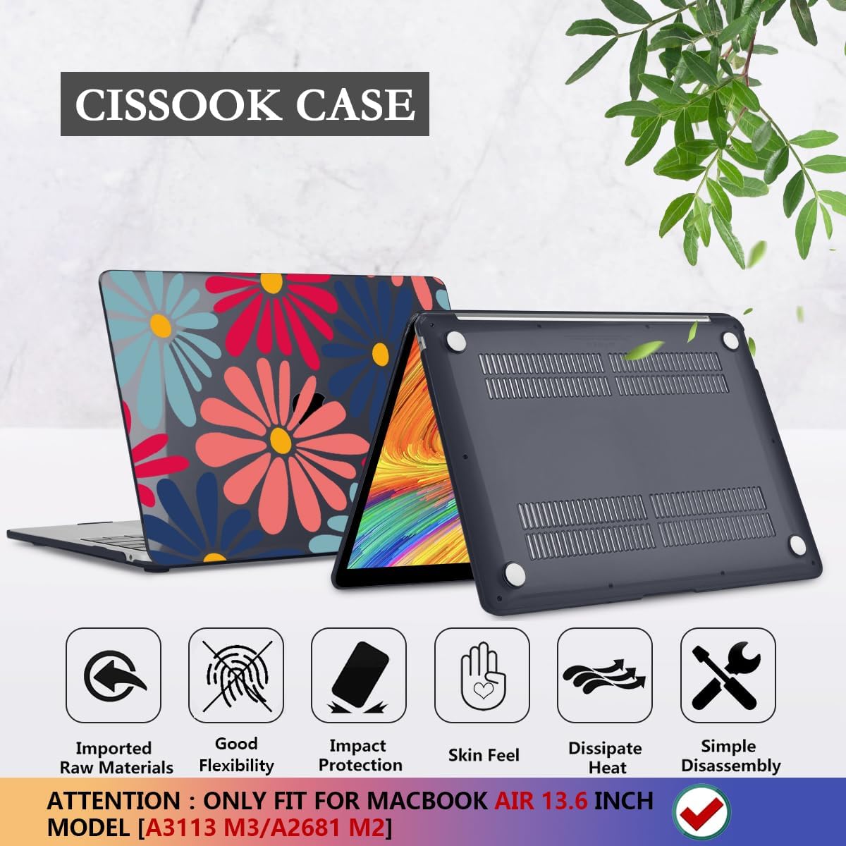 CISSOOK Compatible with MacBook Air 13 inch Case 2025 2024 2023 2022 Release M4 M3 M2 Chip, Plastic Hard Shell Cover Keyboard Skin for MacBook Air 13.6 inch A3240 A3113 A2681, Daisy Flowers