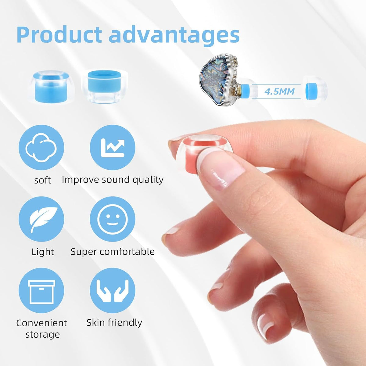 OKCSC 2 Pieces Soft Liquid Silicone Replacement Eartips,Breathable Eartips,Replacement Accessories with Box for Sleep,Study,Travel,Work,Daily Commute,Office,Bullet-Type(1 Pairs L/Blue/No Earphone)
