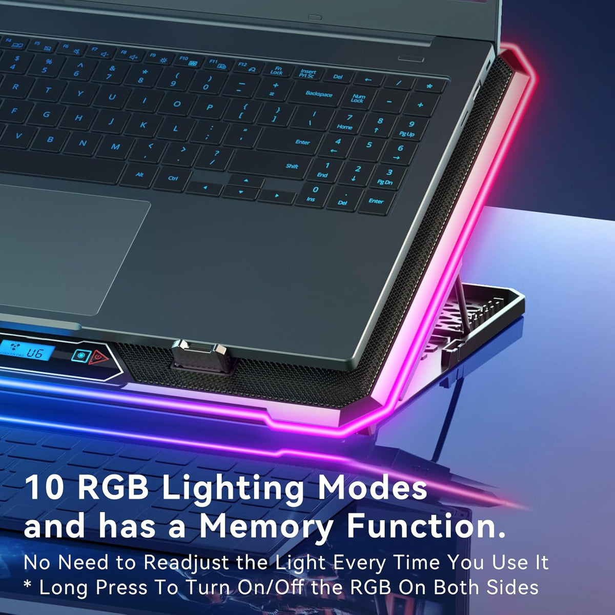 Gaming Laptop Cooler with 13 Ultra Quiet Fans, LCD Screen and Multi Color RGB - 10 Lighting Modes, 9 Adjustable Heights, Dual USB Ports, Built in Phone Holder for 15 to 21 Inch Laptops on Desk or Lap