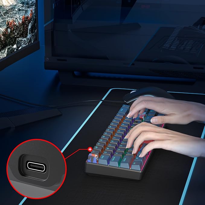 60 Percent Gaming Keyboard Mechanical with Linear Red Switch 65% Wired Ultra-Compact Mini Keyboard Rainbow with PBT Keycaps for Ps4/Ps5/Xbox(68 MonsterB)