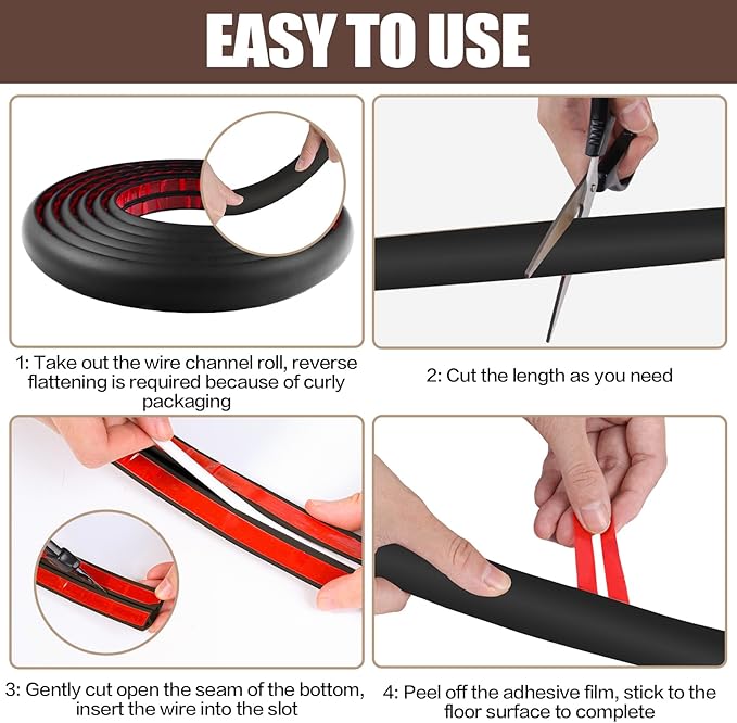 Floor Cord Cover Self Adhesive Cord Hider,10FT Cable Management, Extension Strip Protector for Wires, Prevent Cable Trips for Offices, Gyms, Exhibitions Cavity:0.3"(W) x 0.28"(H) Black