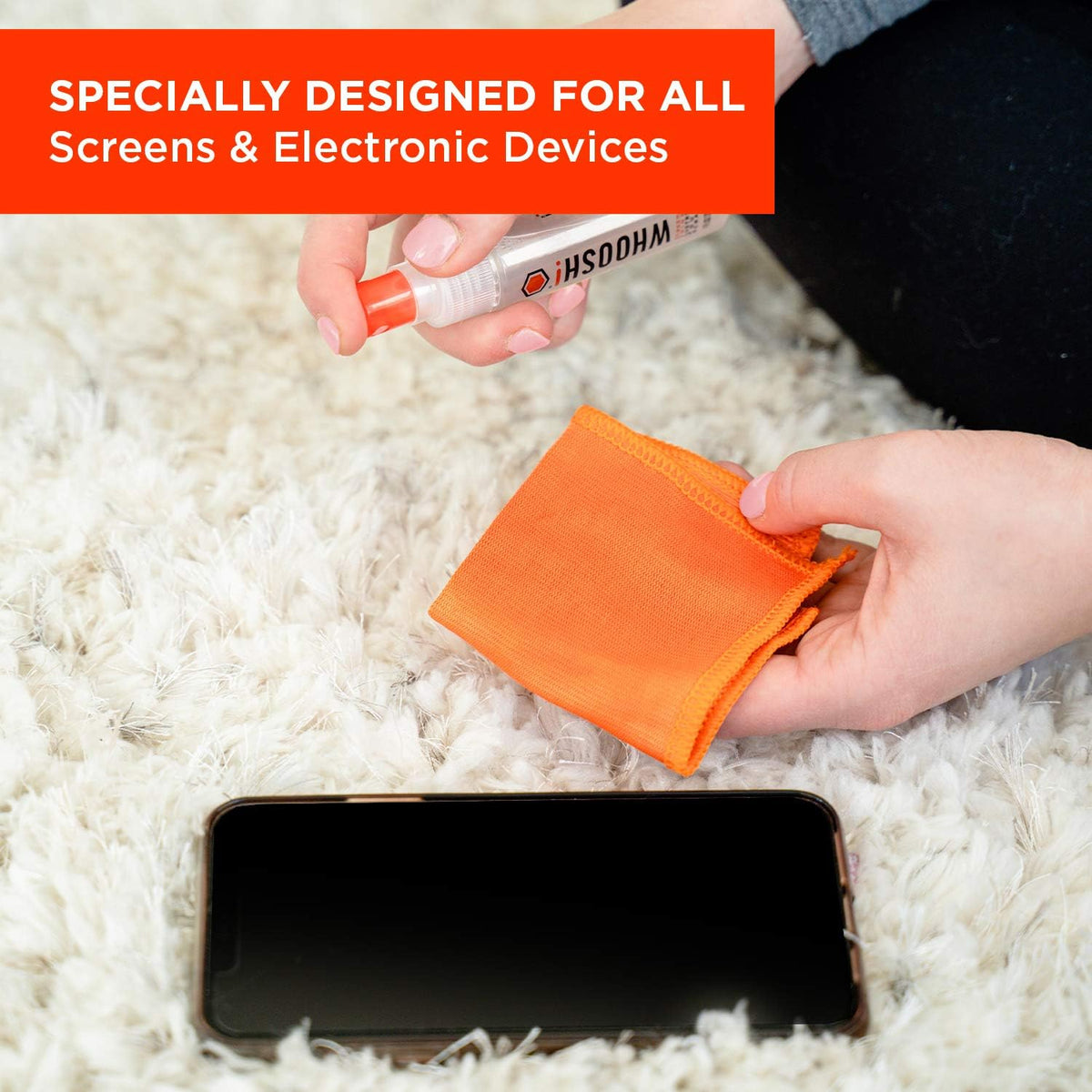 WHOOSH! Screen Shine Pocket 0.3 fl oz – Powerful Computer Screen Cleaner for Car, Laptop, Phone & Eyeglasses – Streak-Free Screen Cleaner Spray and Wipe, Sleek Leak-Free Bottle with Microfiber Cloth