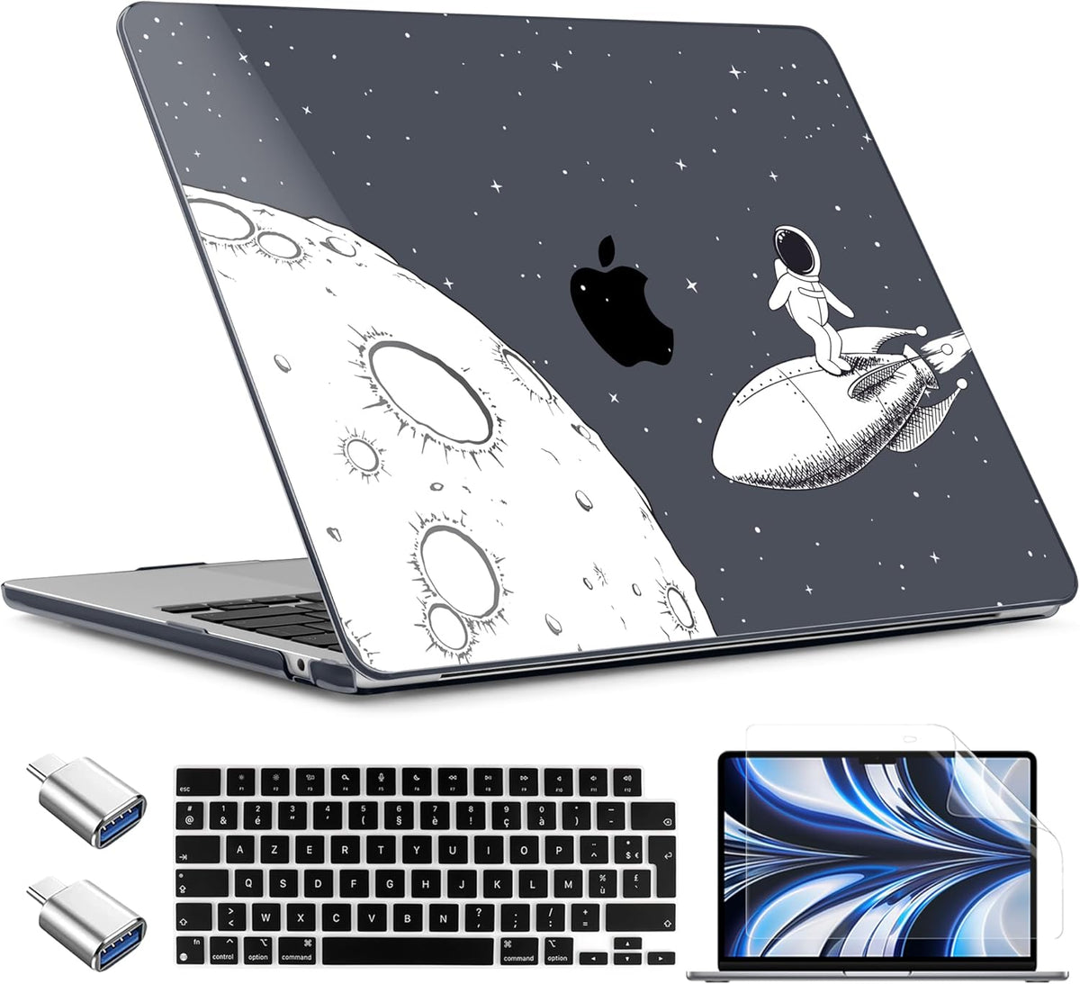TWOLSKOO Compatible with M4 MacBook Air 13.6 inch Case 2025-2022 Release M4 A3240 M3 A3113 M2 A2681, Plastic Hard Shell & Keyboard Cover & Type C Adapter & Screen Protector, Flying Astronauts