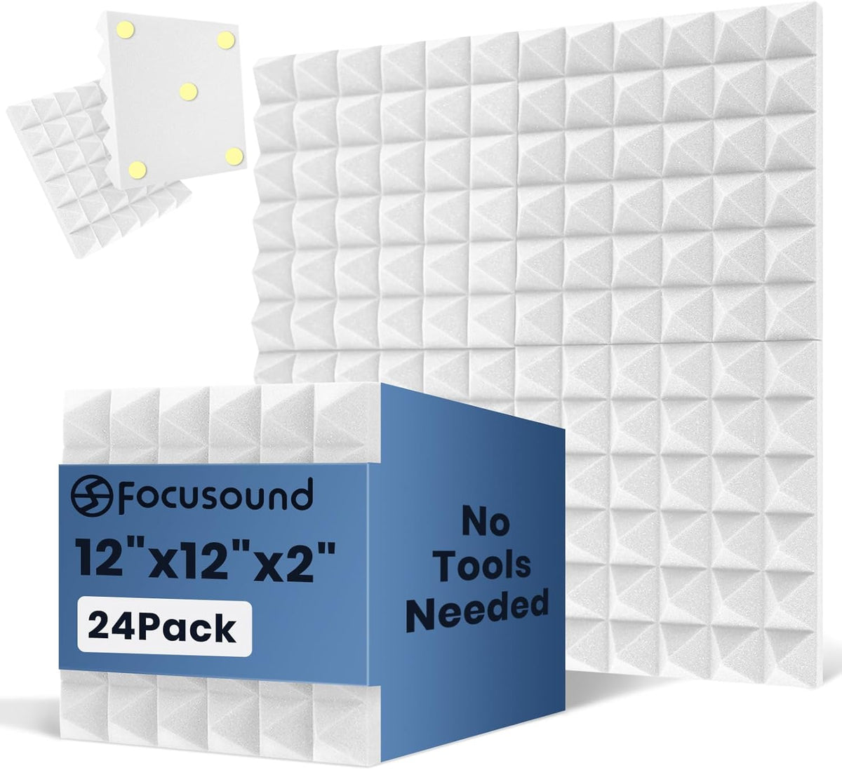 Focusound White Acoustic Panels 24 Pack 2"x12"x12" with 120 PCS Double-Side Adhesive - Sound Proof Pyramid Foam for Walls, Home Studio Noise Absorption & Echo Control Kit