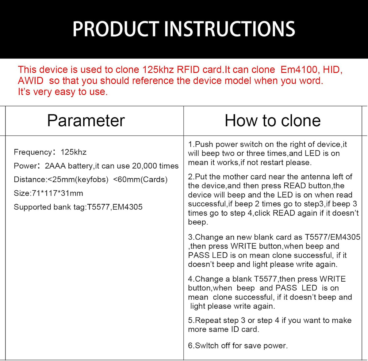 Generic T5577 RFID Handheld id Copier RFID Smart id Card Duplicator Used for id keyfobs and Cards