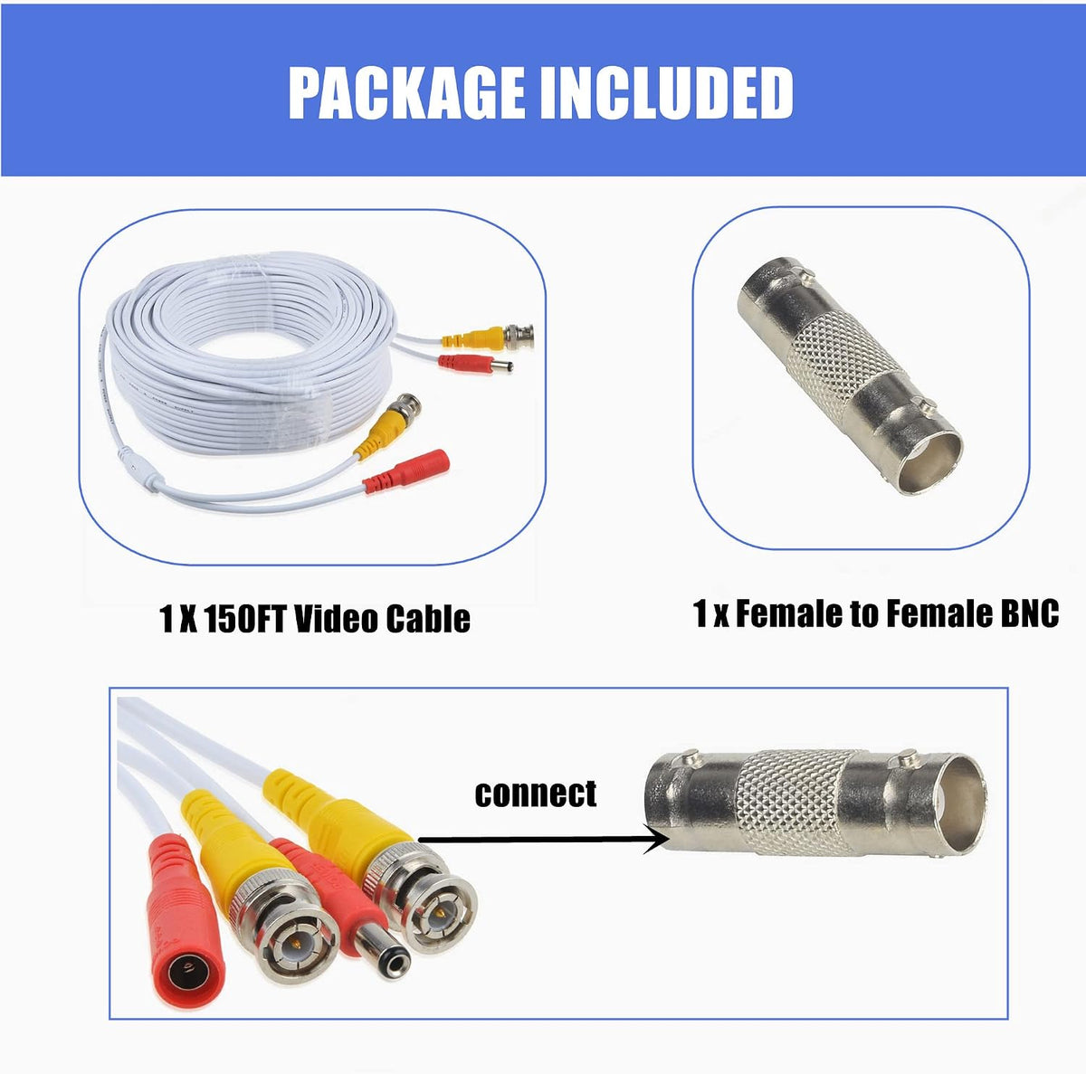 150ft White CCTV BNC Video Power Cable for DVR Surveillance Systems