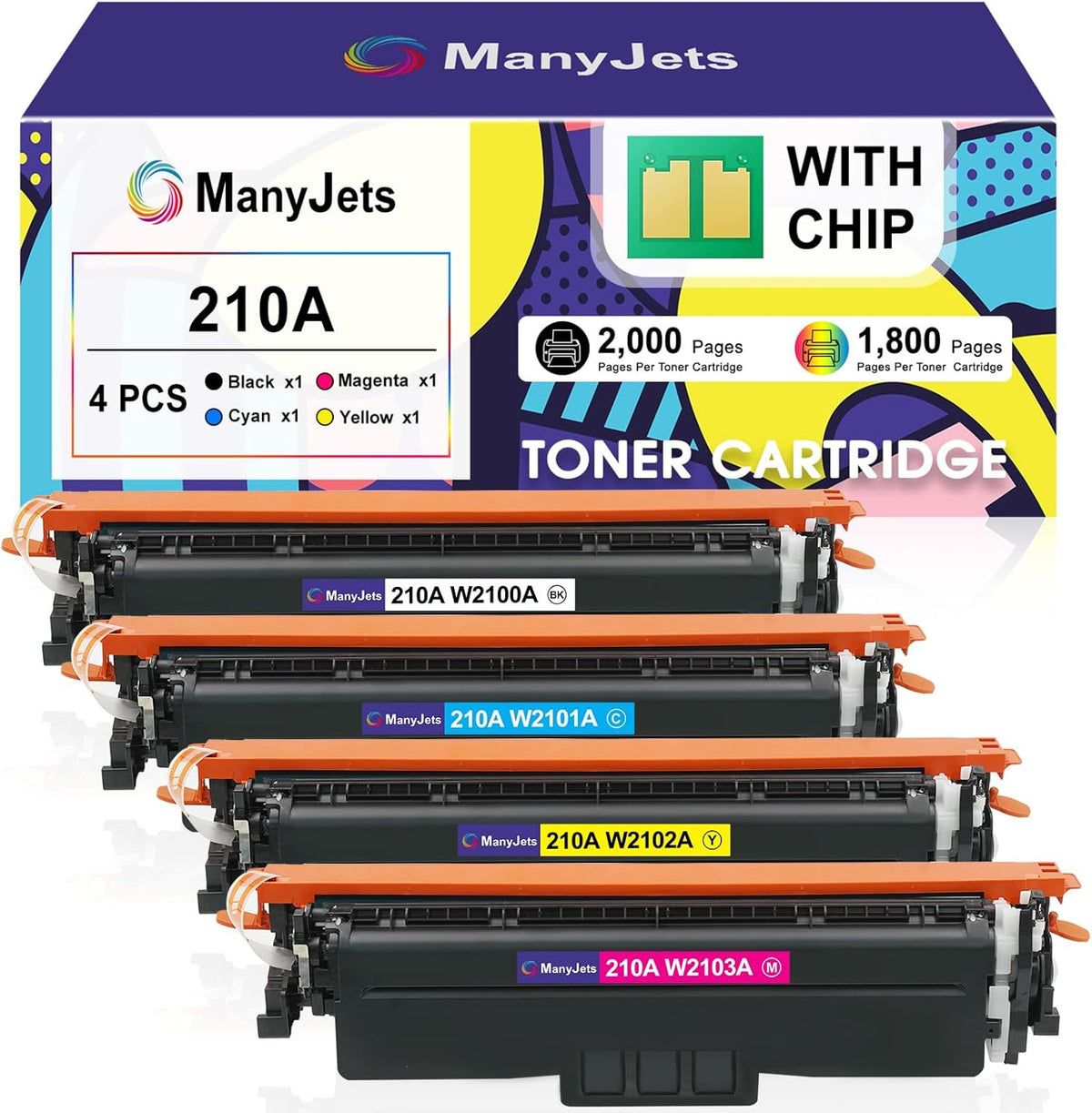 210A Toner Cartridges 4 Pack with Chip Compatible for HP 210A/210X W2100A/W2100X High Yield Replacement for Color Laserjet Pro MFP 4301fdw/4301fdn/4201dw/4201dn Series Printer (4-Pack, BCMY)