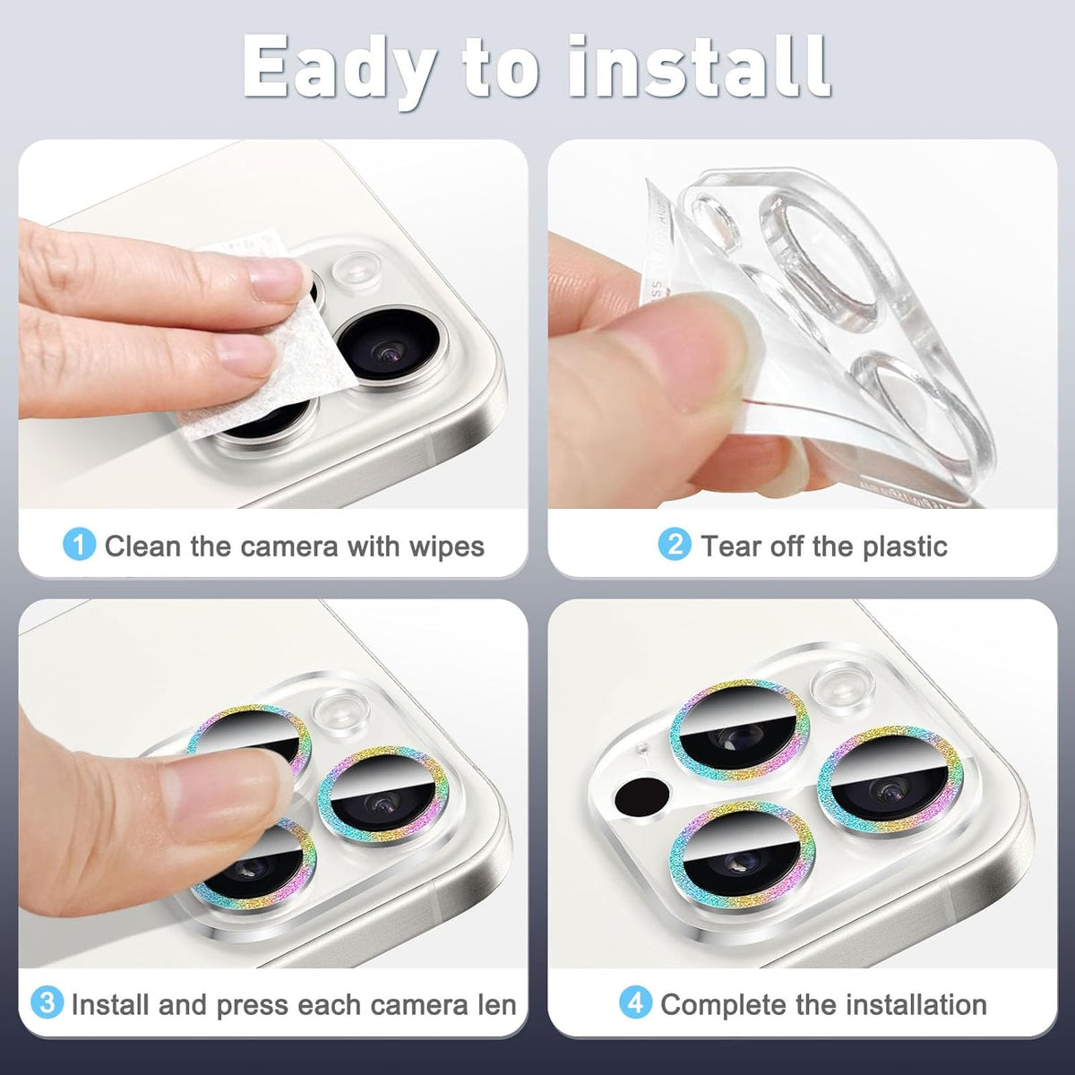 LucBuy 3PCS Sparkling Camera Lens Protector for iPhone 13 Pro/iPhone 13 Pro Max, Full Clear Acrylic Cover with Shiny Colorful Glitter Designed Decoration Back Camera Protector