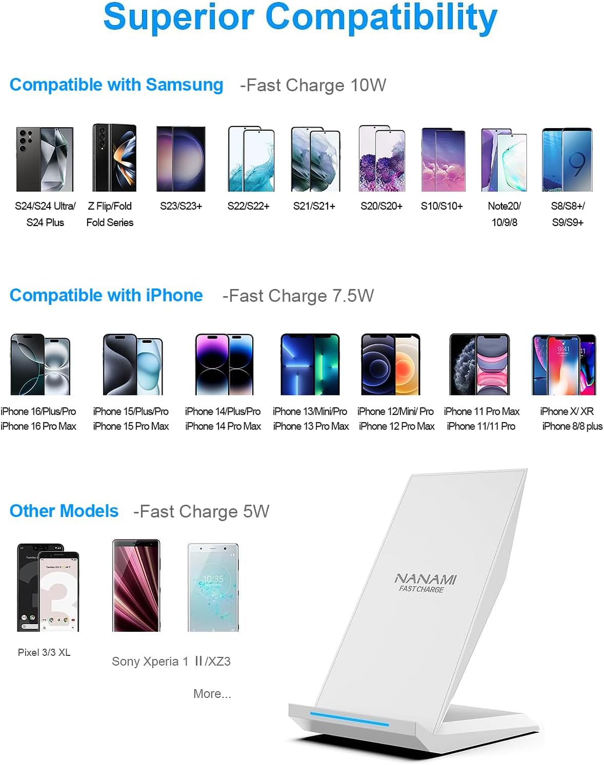 NANAMI Fast Wireless Charger, Qi Certified Charging Stand[with 20W PD Charger] 7.5W for iPhone 16/16 Plus/16 Pro/16 Pro Max/15/14/13/12,10W for Samsung Galaxy S25/S25+/S25 ultra/S24/S24 Ultra/S23/S22