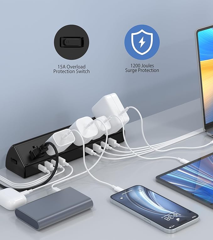 Jgstkcity Desk Clamp Power Strip USB C 45W,8 USB,10FT Cable,Black