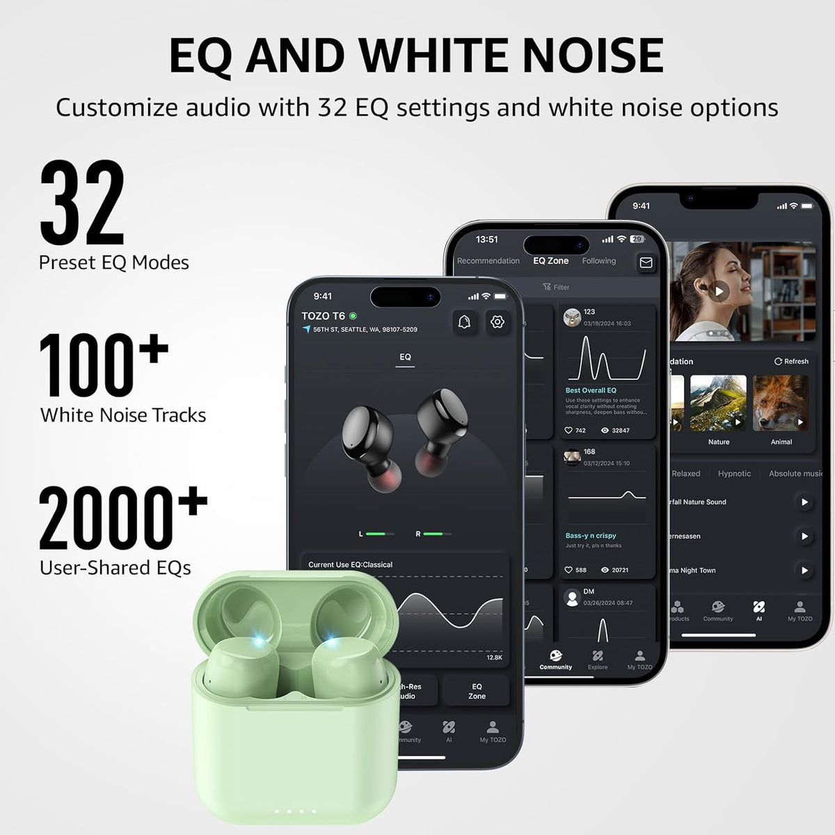 TOZO T6 Wireless Earbuds, Bluetooth 5.3 Ear Buds, Stereo Sound in Ear Headphones, 50 Hours Playtime, Wireless Charging Case, APP Customizable EQs, IPX8 Waterproof Earphones