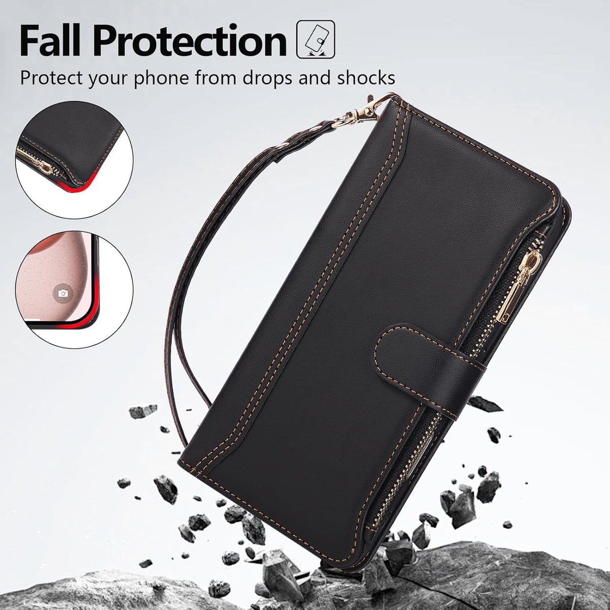 Compatible with iPhone 13 Pro Max Wallet Phone Case-PU Leather Magnetic Flip Cover with Credit Card Slots,Zipper Pocket & Detachable Wrist Strap,Shockproof Design,for Women and Men-Black