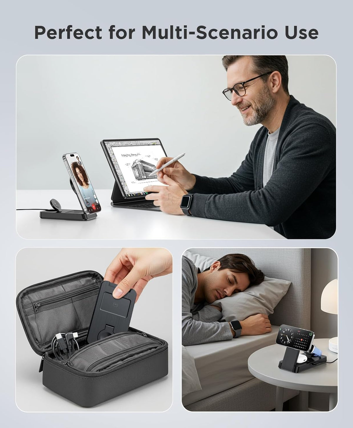 3 in 1 Magnetic Wireless for iPhone Charging Station: Foldable Portable Charger for iPhone 16-12 Pro Max & Apple Watch & AirPods, for Apple Multiple Devices Charger for Home,Office&Travel