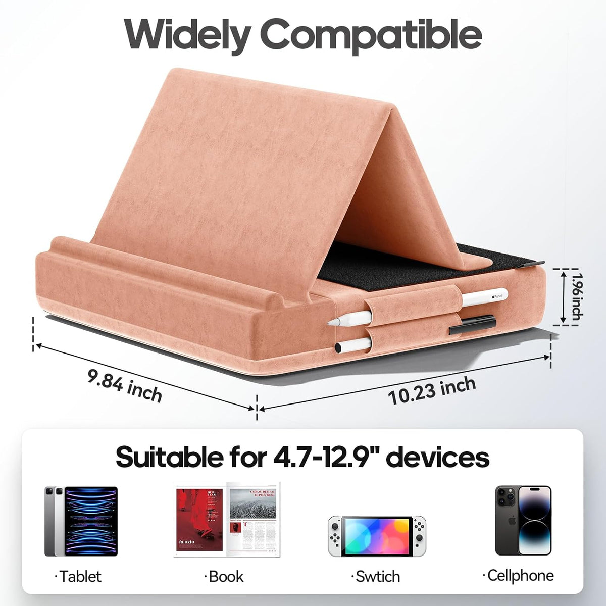 KDD Tablet Pillow Stand, Multi-Angle Viewing Ipad Holder for Lap, Bed and Desk, Foldable Soft Pad Dock with Stylus Mount Compatible with Ipad Pro 12.9, 10.5, 11, Air, Mini, Phones, Books, E-Reader