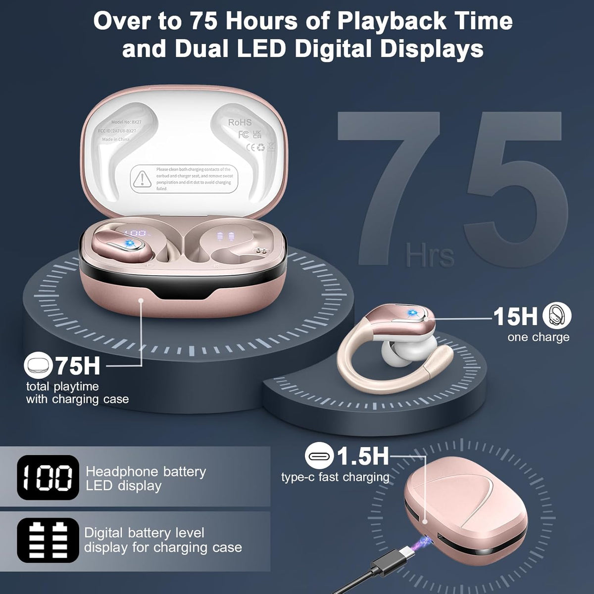 Wireless Earbud, 75H Bluetooth 5.4 Headphones Sport IP7 Waterproof, Running Wireless Earphones with ENC Noise Canceling Mic, 3D Bass Over Ear bud with Earhooks for Android, iOS, Workout, Gym, Rosegold