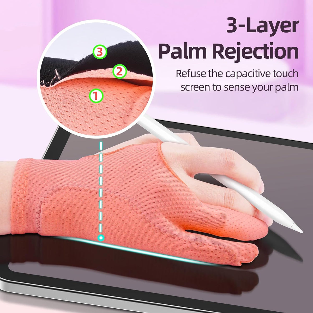 Drawing Glove Right Left Hand [Pink 2Pack] Palm Rejection Glove for iPad Surface Tablet,Graphic Tablet, Graphics Monitor Digital Art Sketching, Inking, Coloring Two Finger Artist Gloves