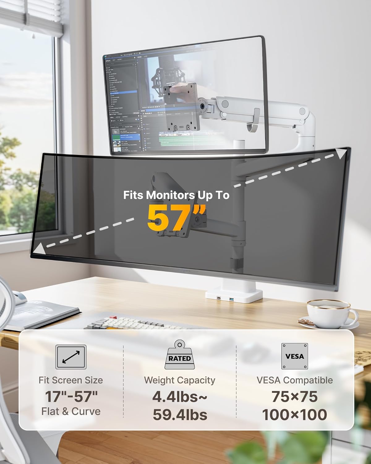monTEK 17-57 Inch Dual Ultrawide Monitor Arm for Up to 59.4lbs Screen, Aluminum Heavy-Duty Gas Spring Vertical Stackable Curved Screen Adjustable Monitor Stand,75/100mm Vesa Mount, White