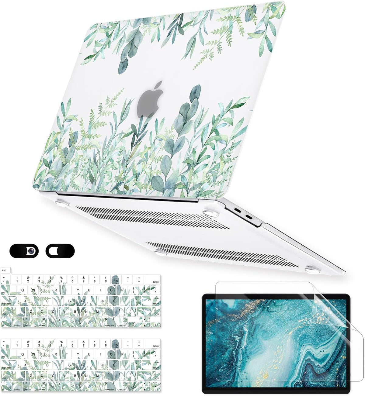 Case for MacBook Pro 13 inch M2 M1 A2338 A2289 A2251 A2159 A1989 A1706 2023-2016 Release with Touch ID, 6 in 1 Matte Clear Shell&Keyboard Cover&Screen Protector&Webcam Cover, Green Plants