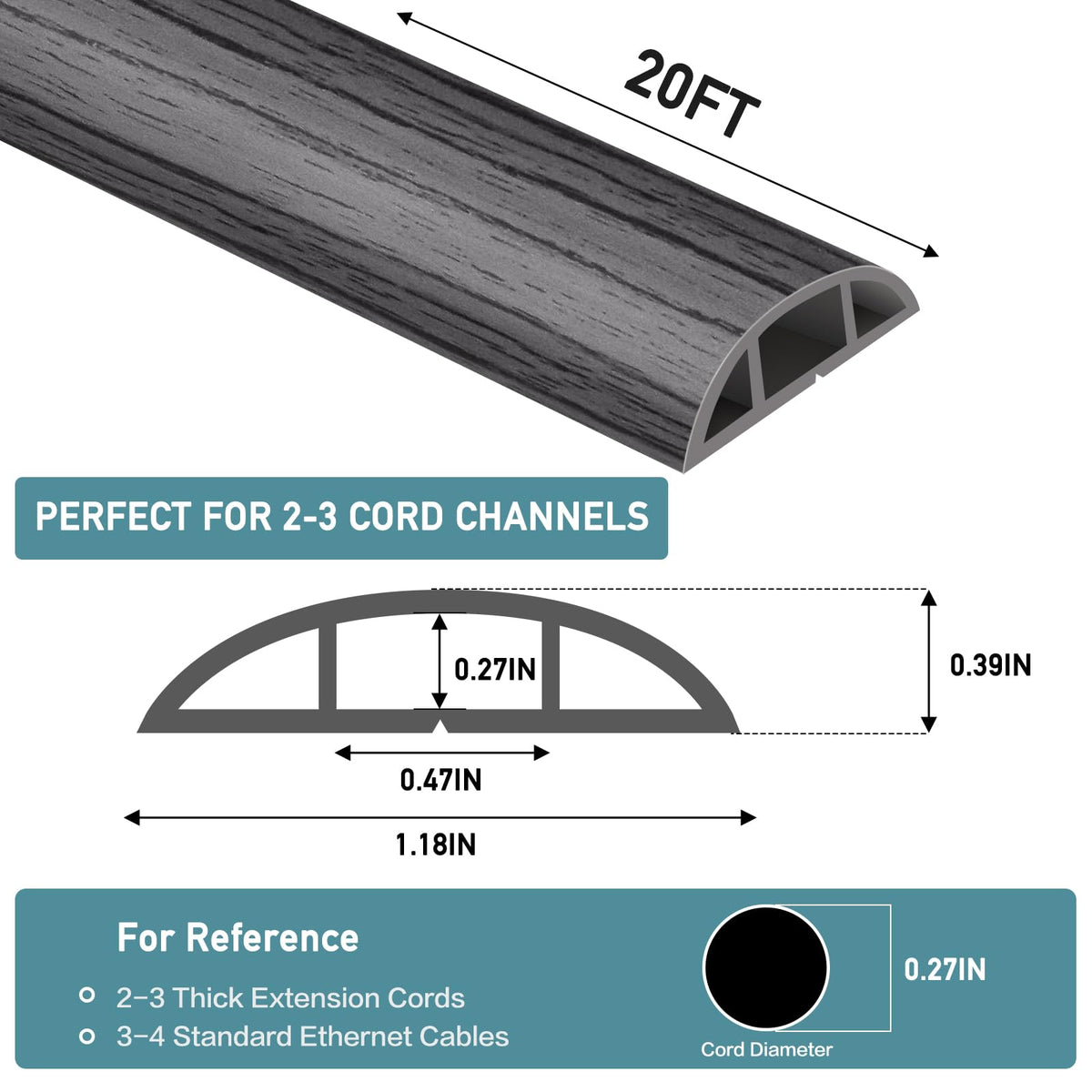 Floor Cord Cover Self Adhesive Cord Hider Floor Extension Cord Covers for Floor Power Cord Protector Cable Management Prevent Cable Trips Cable Cavity 0.47" W x 0.27" H (Deep Grey Wood, 20Ft)
