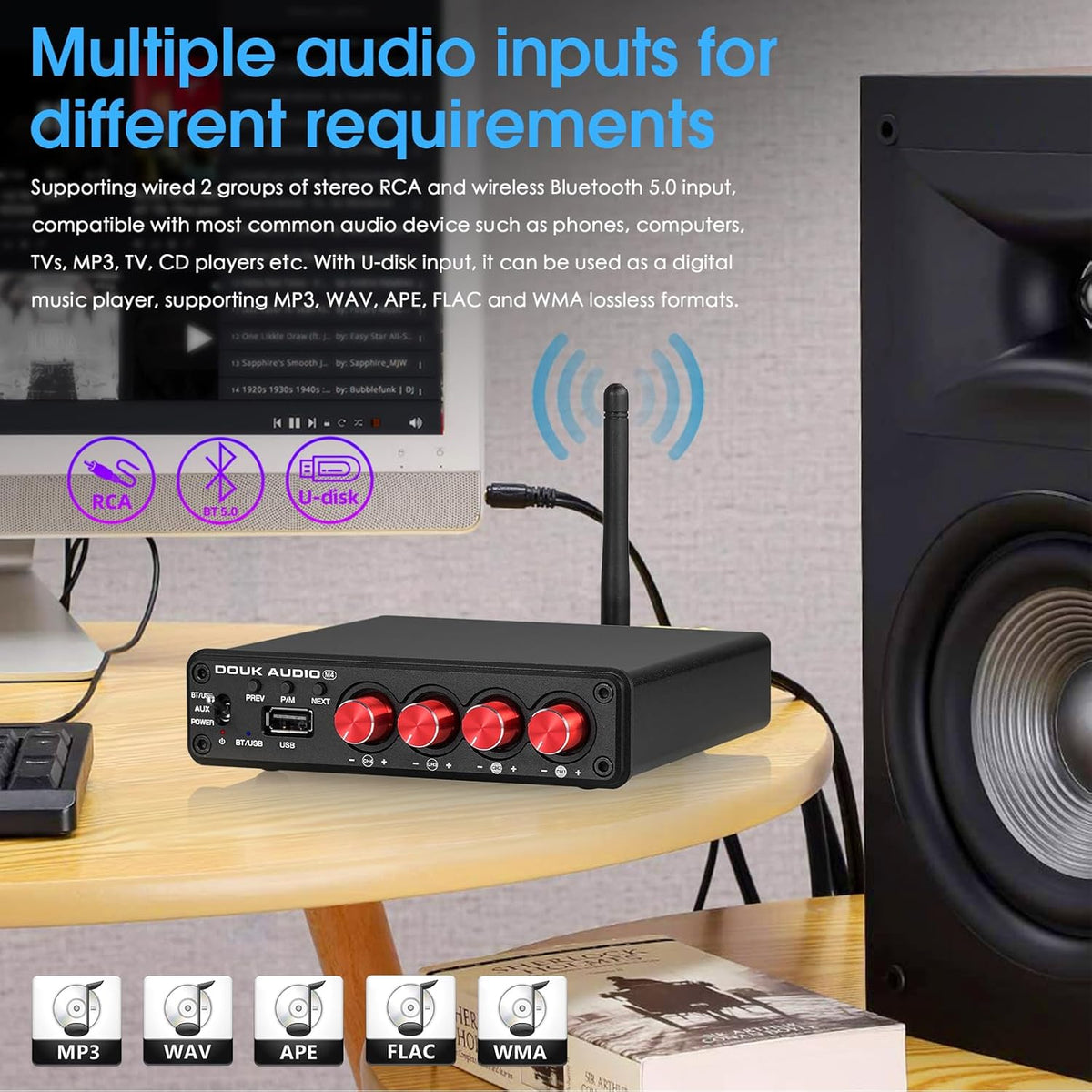 4 Channel Bluetooth Amplifier, 50W x 4 Audio Power Amp, Hi-Fi Home Stereo Speaker Receiver [Douk Audio M4]