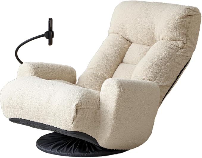 Gaming Chair Floor Sofa 360° Swivel Gaming Lounge Chair with Adjustable Backrest &amp Armrests Game Chair w/Phone Holder &amp Side Pocket Teddy Fluffy Recliner for Bedroom Living Room Dorm (Beige