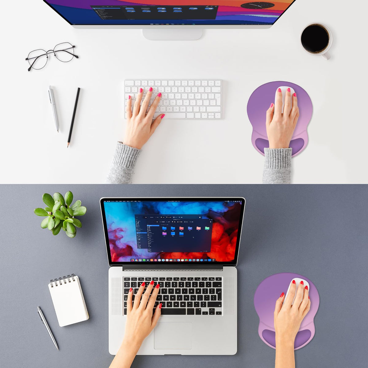 ITNRSIIET Ergonomic Mouse Pad with Comfort Gel Wrist Rest, Non-Slip PU Base, Smooth Textured Surface, Reduces Hand Fatigue & Wrist Pain, 8.7 x 7.2 Inch for Office Gaming Home, Purple Pink Gradient