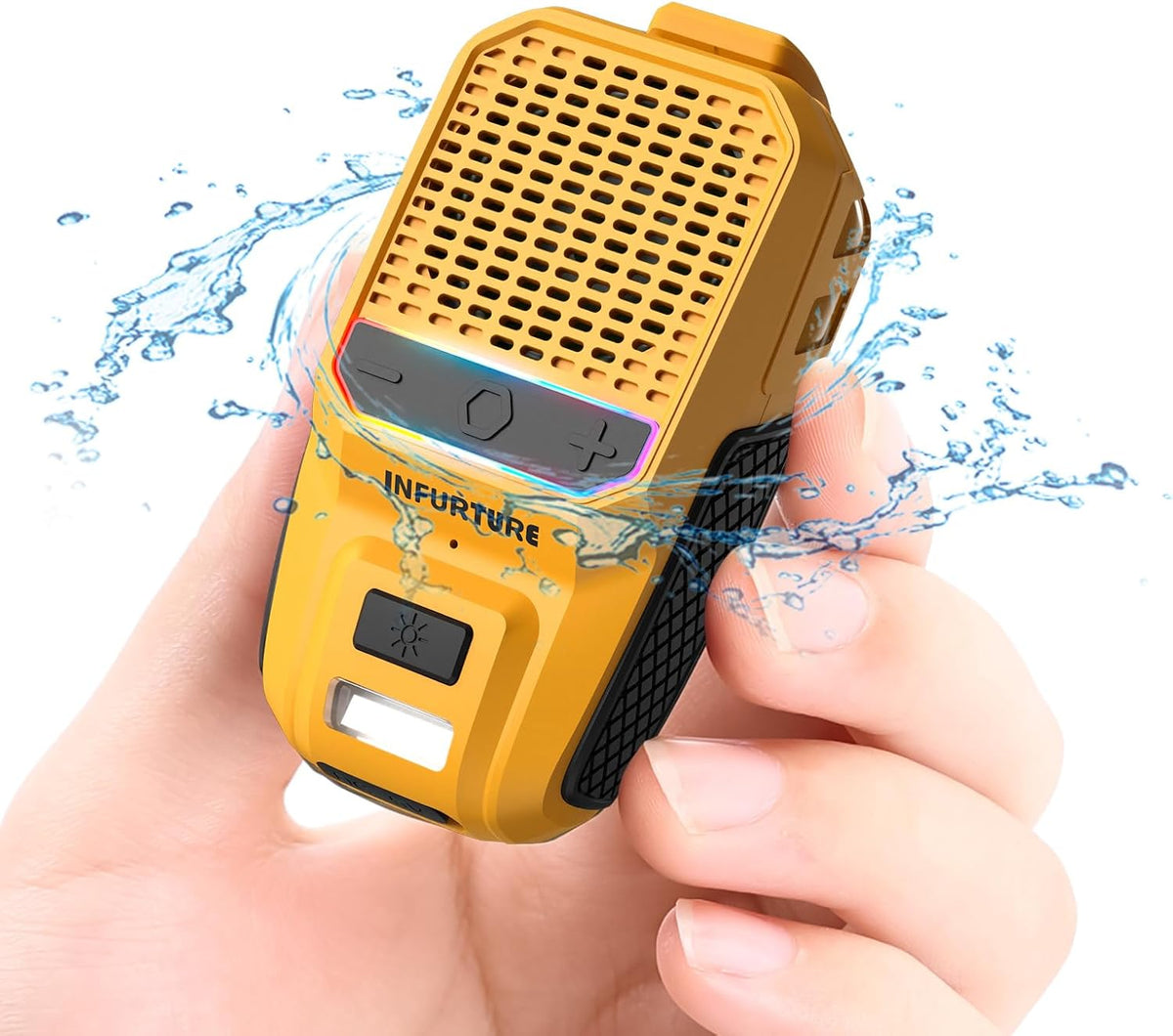 INFURTURE Clip on Bluetooth Speaker with RGB/Flashlight, Wearable Waterproof Shower Speaker Bathroom Speakers Built