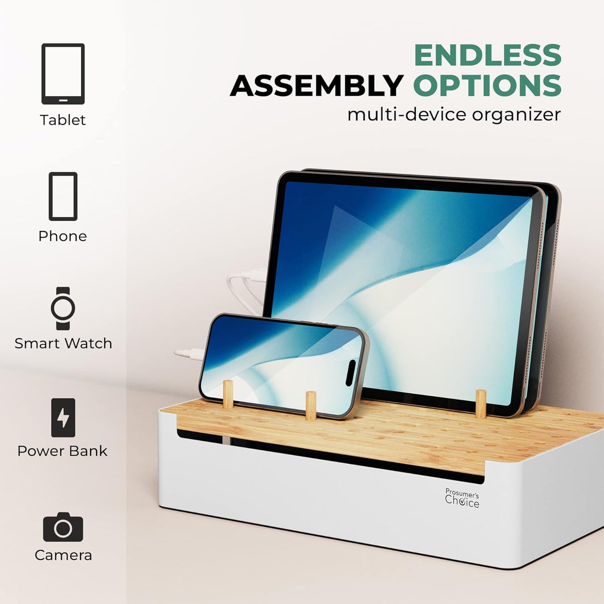 Prosumers Choice Bamboo Charging Station for Multiple Devices - Wooden Charger Organizer with Removable Dividers for Phones, Tablets, and Laptops - 11 Inch Cable Organizer Box - Space-Saving Desk Dock
