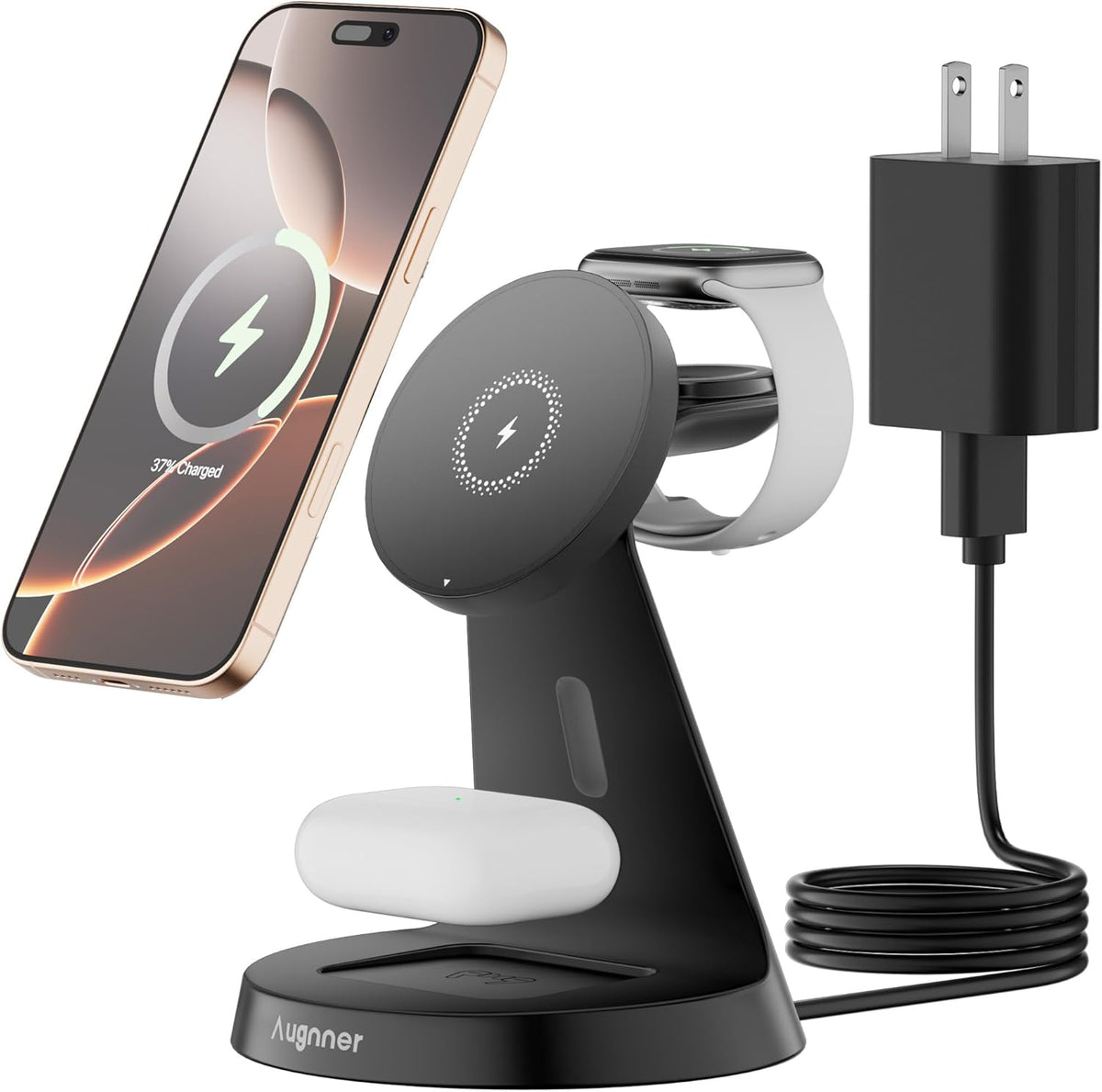 Magnetic Wireless Charger Stand 3 in 1 Charging Station 15W Fast Charging Stand Wireless Charger for iPhone16/15/14/13/12 Series, Watch Series, Earphone,Non-Slip Base