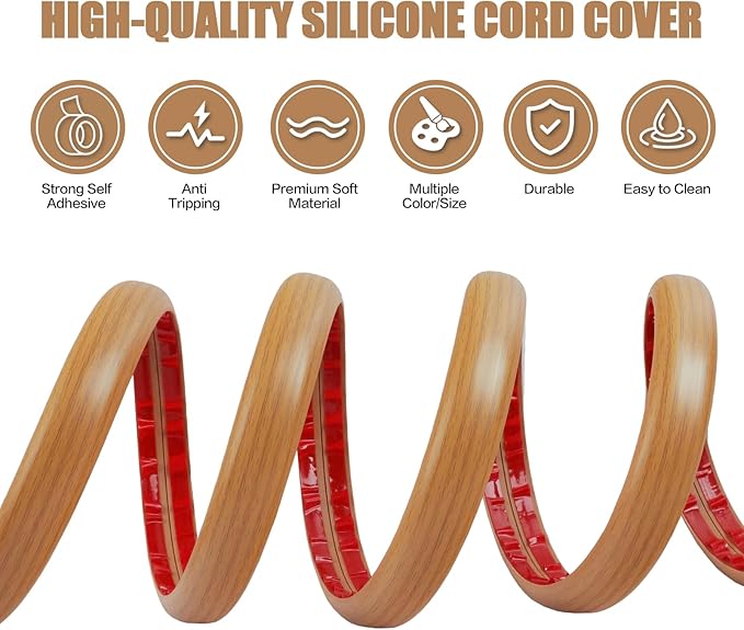 Floor Cord Cover Self Adhesive Cord Hider,20FT Cable Management, Extension Strip Protector for Wires, Prevent Cable Trips for Offices, Gyms, Exhibitions Cavity:0.51"(W) x 0.3"(H) Brown Wood