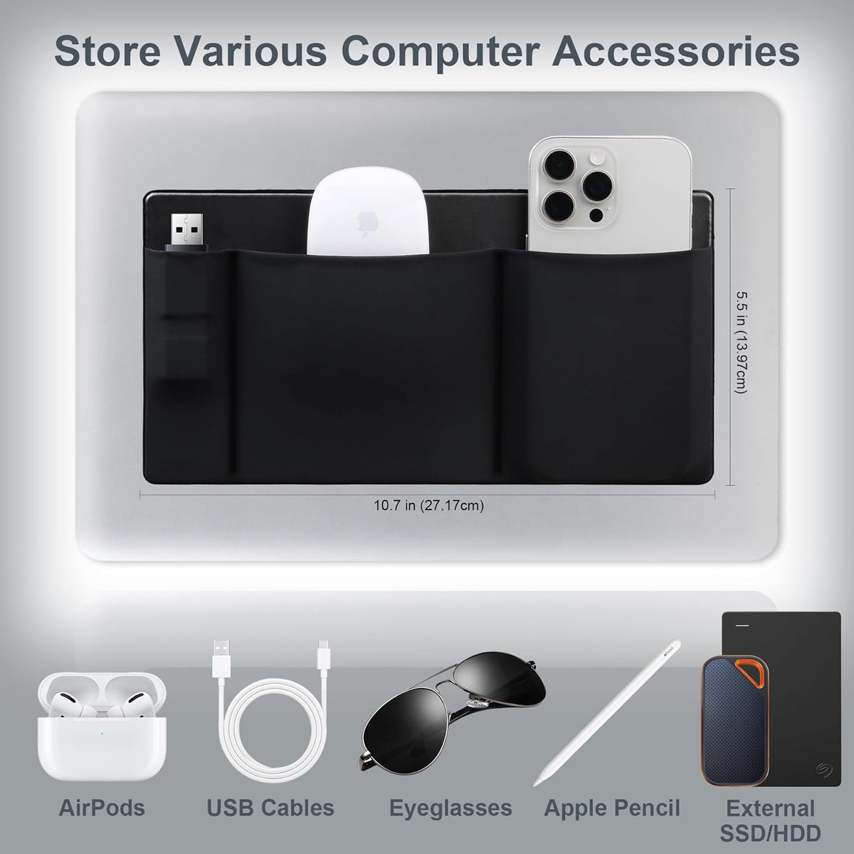 3-Pocket Lacdo Mouse Holder for Laptop Stick on, External Hard Drive SSD Holder for Laptop, Stick on Pouch Organizer