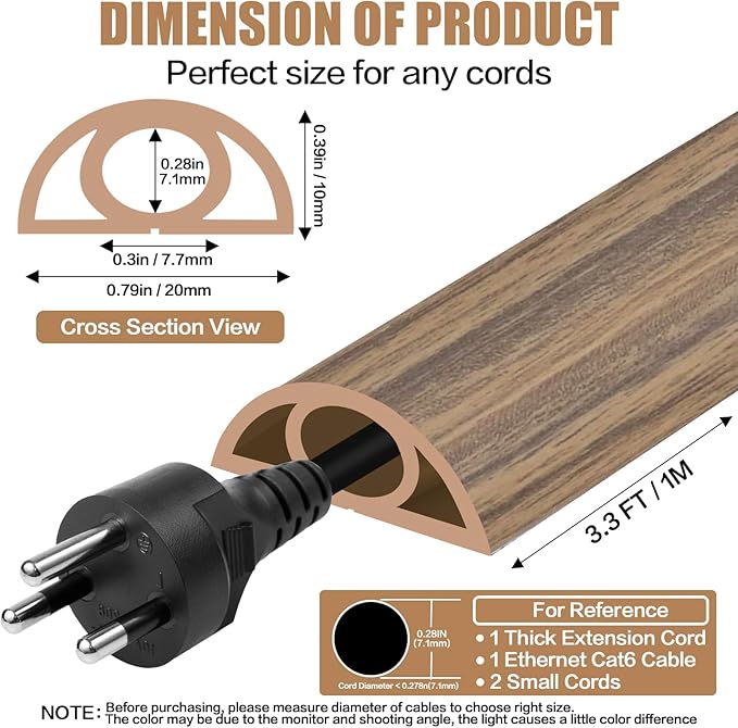 Floor Cord Cover Self Adhesive Cord Hider,3.3FT Cable Management, Extension Strip Protector for Wires, Prevent Cable Trips for Offices, Gyms, Exhibitions Cavity:0.3"(W) x0.28(H) Woodsmokedbrown