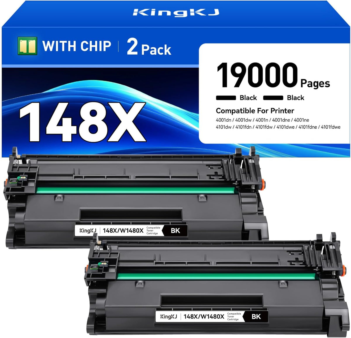 148X Black Toner Cartridge High Yield with chip 2-Pack Replacement for HP 148X W1480X 148A W1480A Compatible with HP LaserJet Pro MFP 4101dw 4101fdn 4101fdw 4001dn 4001dw 4001n Printer Ink 4001 4101 e