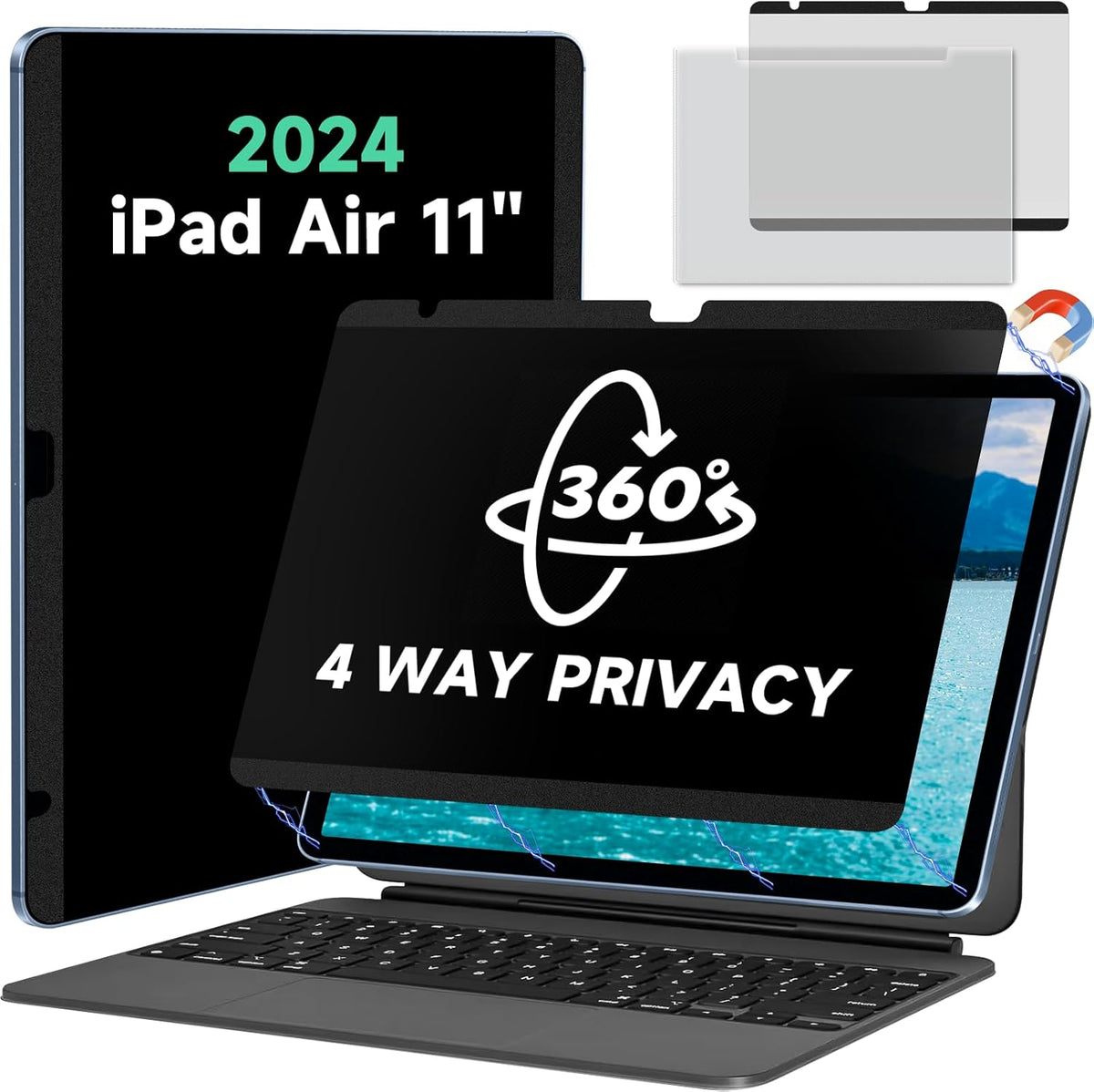 Magnetic Full Privacy Screen for iPad Air 11 inch M2/M3 (6/7th Gen，2024/2025) Case Friendly Blue light Blocker Anti-glare Eye Strain Filter, Removable 360°Anti Spy Film Support Apple Pencil