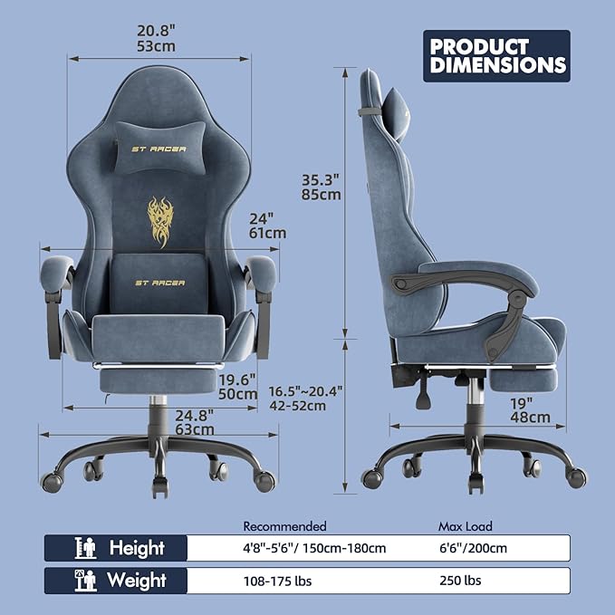 Ferghana Velvet Fabric Gaming Chair High Back Ergonomic Gamer Chair for Adult Comfortable Video Game Chair with Footrest and Massage Lumbar Cushion Racing Reclining Office Computer Desk Chair Grey