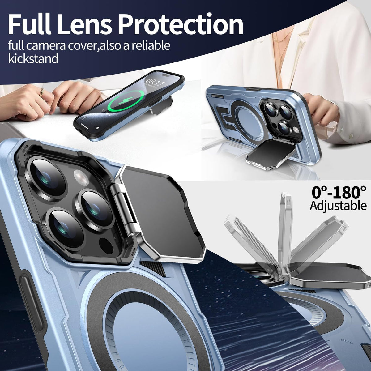 Camera Stand Case for iPhone 15 Pro, [Compatible with MagSafe] [Lens Cover] 2024 Version Military Grade Protective Soft Case for iPhone 15 Pro 6.1 inch Men Women, Blue