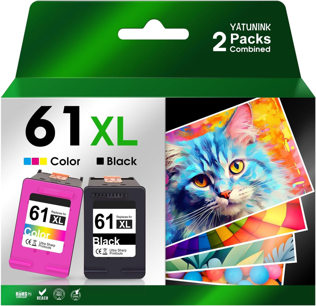 XL 61 Ink Cartridge Combo Pack Compatible for HP Ink 61 XL Works with HP Envy 4500 4501 OfficeJet 2620 2621 OfficeJet 4630 DeskJet 1000 (2 Packs)